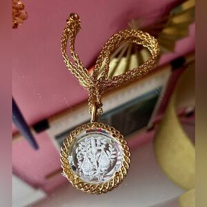 1960's Crown Trifari Libra Zodiac Intaglio Glass Medallion Necklace